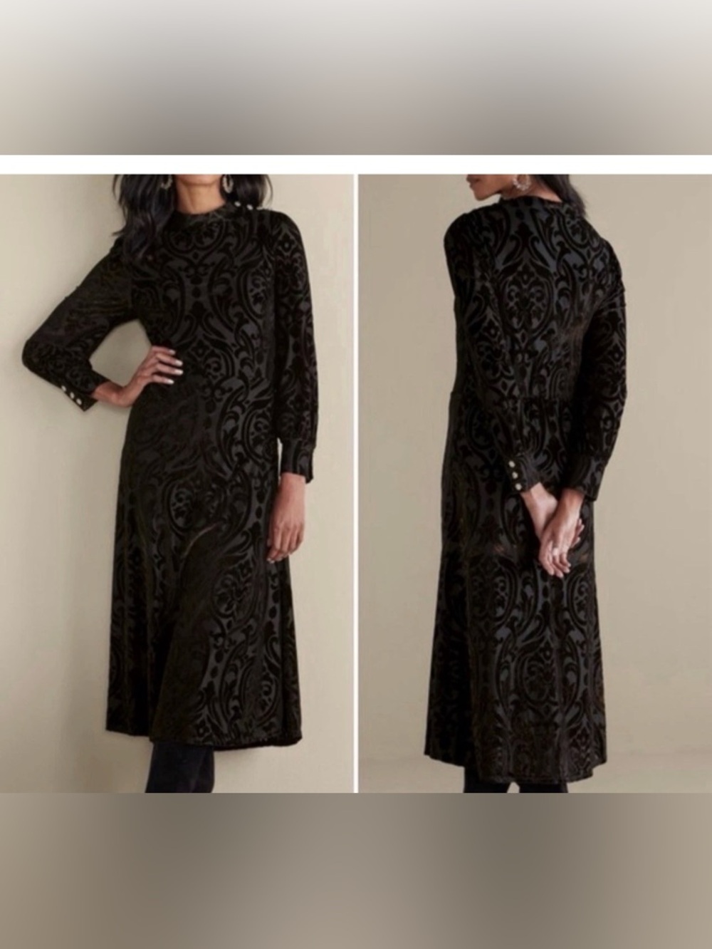 Soft Surroundings Hadley Velvet Black Abstract Dress Burnout Brocade 14 Lined